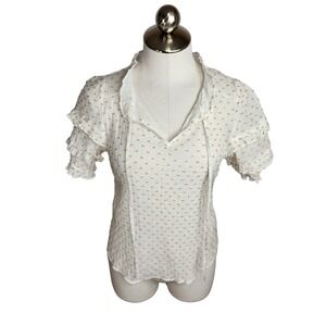Flower & Feather Swiss Dot Ruffle Top Womens Medium‎ White Tan
